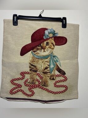 Classy Cat Tapestry Pillow Cushion Cover 17x17 Hat Pearls Bow Dress Up